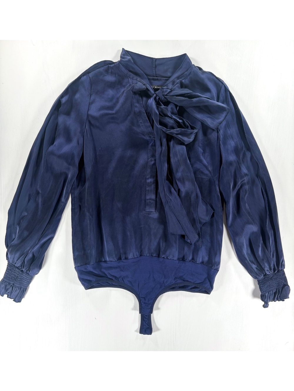 Adria Moss Navy Silk Tie Neck Long Sleeve Bodysuit Blouse Size S